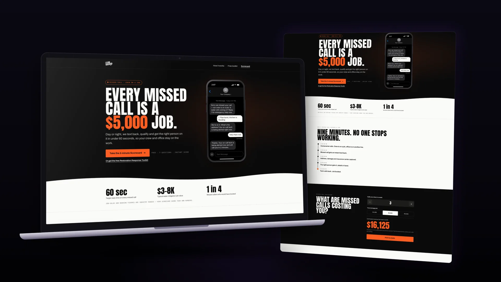 Restoration company missed-call text-back website
