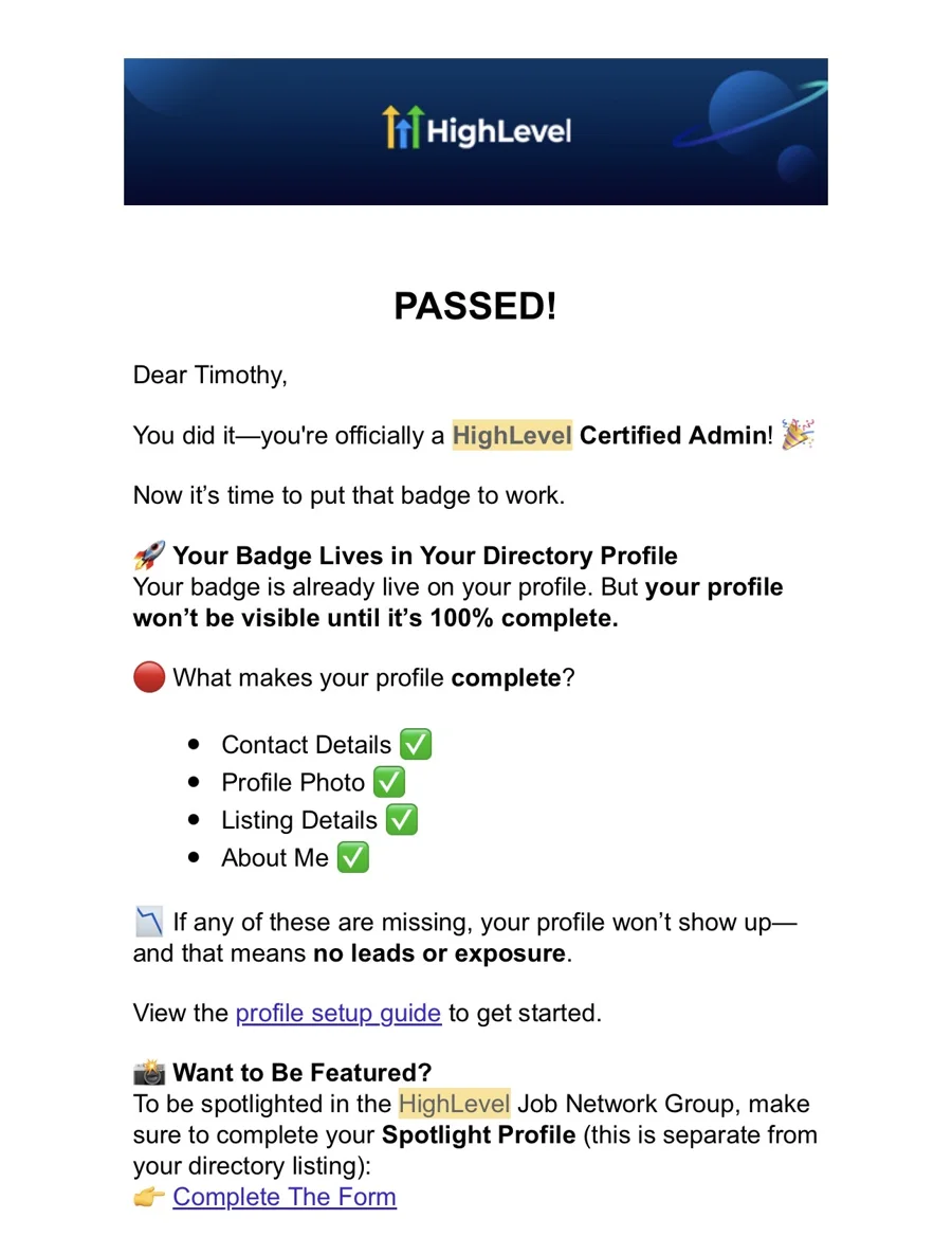 HighLevel email confirming Tim passed the Certified Admin exam