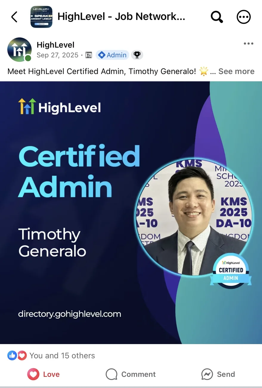 HighLevel Job Network post featuring Tim as a Certified Admin